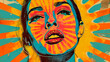 Featuring a woman's face with radiant sunbursts behind, this painting combines vivid colors and abstract forms for a captivating visual. Banner. Copy space.