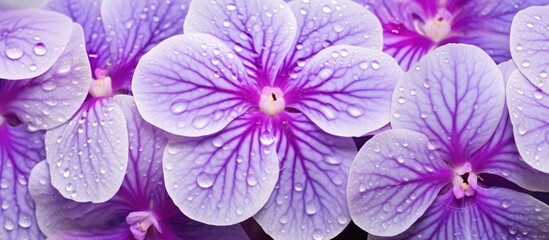 Sticker - Close up of purple flowers with water drops, showcasing the beauty of this terrestrial plant. The violet and magenta petals glisten in the sun, making a stunning groundcover