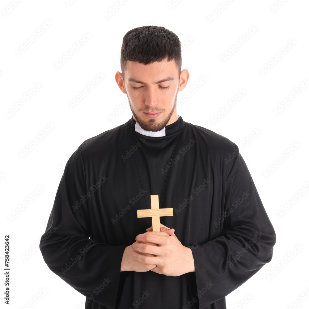 Young priest with cross on white background