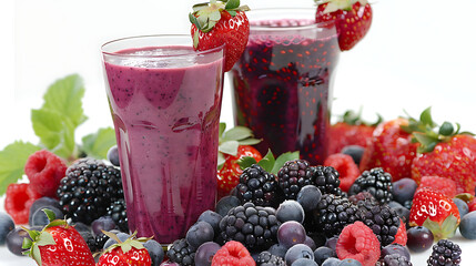 
The image depicts two delightful glasses of berry smoothies, each brimming with vibrant colors and freshness