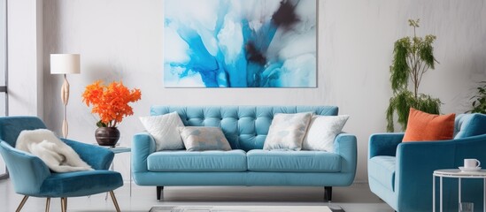 Canvas Print - An interior design studio couch in azure color complements the aqua table and building painting on the wall in the bluethemed living room