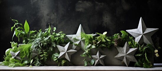 Poster - A row of terrestrial plants, including grass and trees, sit atop a table alongside a collection of whimsical starshaped plant fonts. This display creates an artistic and natureinspired event decor