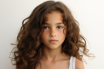 Portrait of a beautiful little girl with long curly hair on a white background