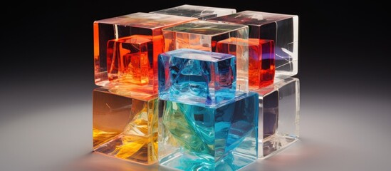 Sticker - An artful display of a glass rectangle filled with various liquid colors sits on a table. The transparent material showcases the electric blue and water hues, creating a mesmerizing event centerpiece