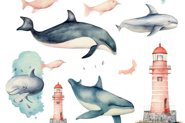 Wall Mural - kids paper seashells watercolor pattern wrapping etc whales texture lighthouse handpainted gift perfect wallpaper colors project your pastel blog texture