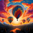 Vibrant hot air balloons against a sunrise sky.