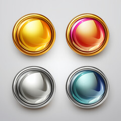 Four shiny, colorful buttons with a metallic finish