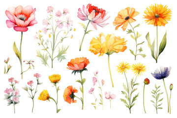 Wall Mural - A collection of watercolor flowers in various colors and sizes