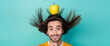 Funny young man with long hair in the air. Unconventional advertising portrait of a guy with apple above her head