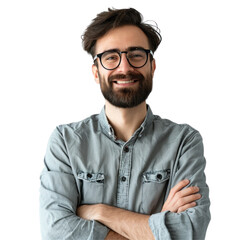 Content male software engineer with arms crossed, confident in his skills. png file of isolated cutout object without shadow on transparent background.
