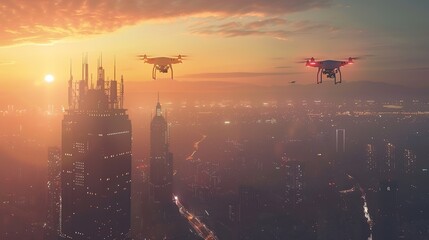 Wall Mural - Two drones hover over a city at dawn, capturing the essence of modern urban life and technology.