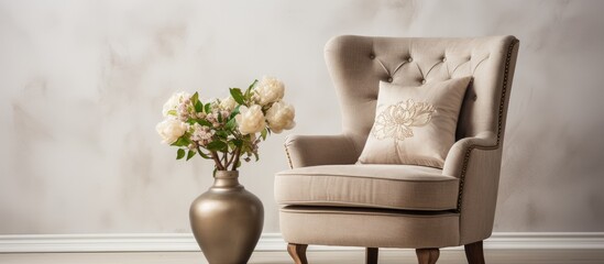 Wall Mural - A chair with a pillow and a vase of flowers next to it, adding a touch of elegance to the interior design of the house. The furniture arrangement creates a cozy atmosphere in the room