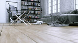 Fototapeta Perspektywa 3d - small funny robotic smart dog wakes up in the room. 3d rendering.