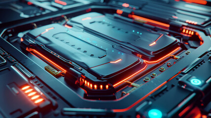 wide angle of an ev battery with neon lights in detail.