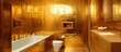 A luxurious bathroom with gold walls, hardwood flooring, and fixtures including a toilet, sink, and bathtub. The room is adorned with wood accents and a high ceiling