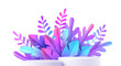 Realistic podium with pink and purple fantastic tropical leaves isolated on transparent background. Showcase for your product