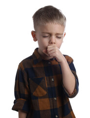 Wall Mural - Sick boy coughing on white background. Cold symptoms