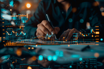 Wall Mural - Digital businessman hand drawing growth graphs and financial data on a virtual screen background for trading market or stock exchange concept.