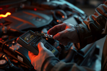 a hand holding a car battery tester with car engine as background