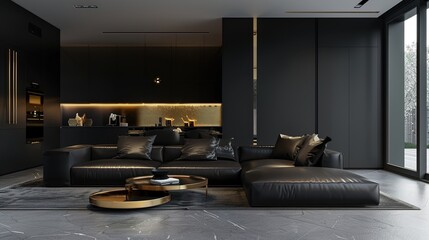 Sticker - A modern black and gold home interior with sleek lines and minimalist design, featuring a black leather couch and gold accents