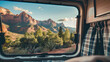 Close-up view of a camper van, with Arizona-like mountains in the background, epitomizing the off-road camping lifestyle.