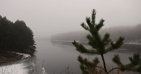 Wall Mural - river in winter, river bank and water in winter in foggy weather