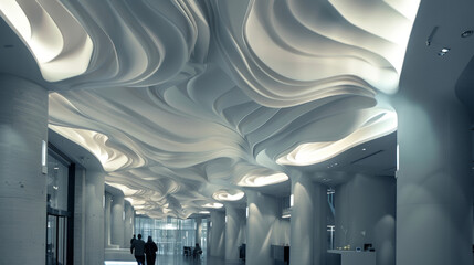 a photo of a ceiling installation made from a smart material that mimics the movement of natural ele