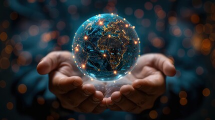 Pair of hands holding a transparent globe with digital connections and nodes superimposed over it, representing a network, global communication