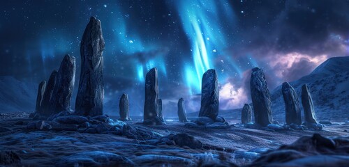 black monolithic stones arranged in a circle wilderness northern lights in the sky realistic highly 