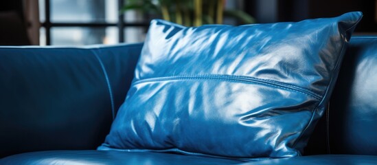 Sticker - A liquid electric blue pillow with a pattern is resting on a sleek plastic rectangleshaped couch in a room with tints and shades of blue