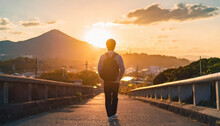 Man Walking Toward The Sunset, Way Back Home, Asphalt, Road, Bridge, Sun