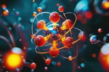 Wall Mural - atomic dance: subatomic realm, electrons, neutrons, and protons orbit a fixed nucleus in a model emp