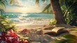 Tropical beach scene with book and flowers - Tranquil beach setting with an open book, vibrant flowers, and a sunset, invoking a sense of escapism and relaxation