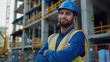 © mister - A portrait of a worker, wearing a helmet on his head, standing confidently against the backdrop of a construction site.