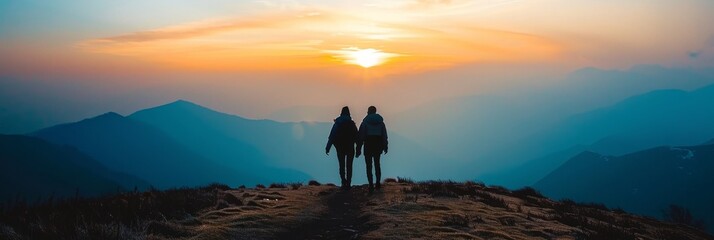 Wall Mural - Adventurous group of hikers trekking together during a scenic mountain sunset expedition.