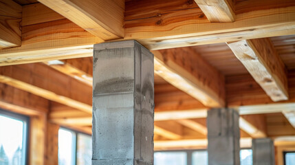 Wall Mural - A detailed shot of an interior space showcases a blend of traditional wood beams and modern concrete pillars highlighting the seamless integration of diverse building materials