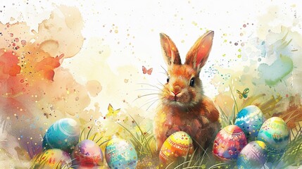 Wall Mural - Happy watercolor bunny and easter eggs