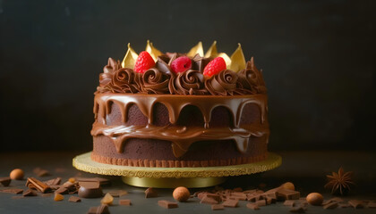 Wall Mural - A close-up of a chocolate cake with intricate designs and decorations on top