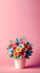 Pot of flowers, paper flowers, isolated on a yellow background, 3d render, Copy space, Banner