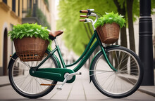 An Eco-friendly Bicycle With A Basket Overflowing With Lush Green Leaves, Symbolizing Sustainable And Healthy Transportation In An Urban Environment