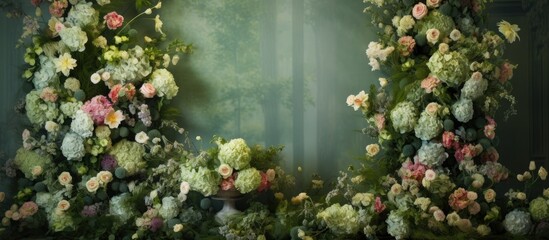 Wall Mural - The painting displays a variety of flowers, plants, and trees within a natural landscape. The scene also includes evergreens, shrubs, and grass