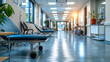 Empty hospital corridor with medical beds, plants, and bright lighting, representing healthcare.