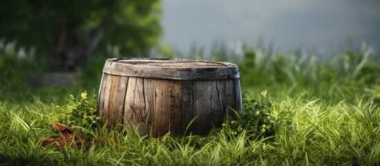 Poster - A wooden barrel is nestled in the lush green grass, blending harmoniously with the natural landscape. The treelined grassland creates a picturesque scene