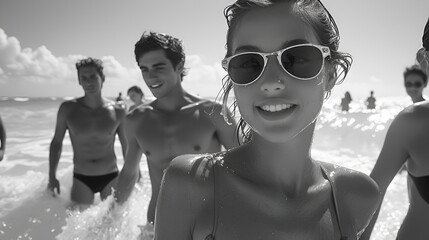 Wall Mural - High-end resort beach - swimming - vacation - getaway - holiday - escape - friends - close-up shot - black and white photograph 