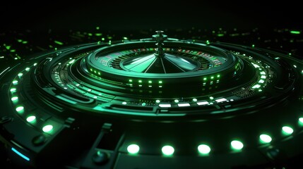 Wall Mural - Futuristic casino roulette with a dark background, featuring green and black minimalist cyber-style elements. Metallic accents add to the ambiance, leaving ample copy space