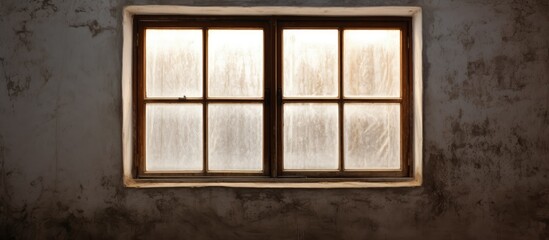 Poster - A woodenframed window fixture is set against a dark wall in a rectangular shape. The tints and shades of the wood create an artful contrast with the surrounding building structure