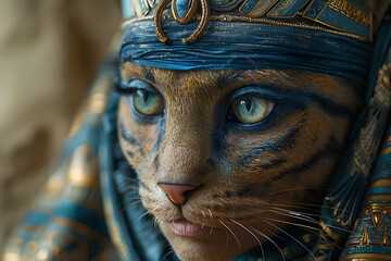 A captivating depiction of Bast, the ancient Egyptian goddess of cats, home, and fertility, portrayed as a woman with the head of a lioness, symbolizing protection and grace