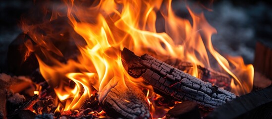 Poster - Flickering Flames by a Wood Fire in Detailed Close-Up.