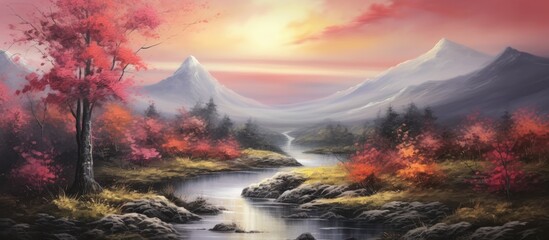 Sticker - A serene natural landscape painting featuring a river with mountains in the background under a dusky sky with fluffy cumulus clouds and a warm afterglow on the horizon