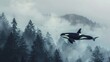 a killer whale swimming in the forest, flying in the foggy forest.Ai generated